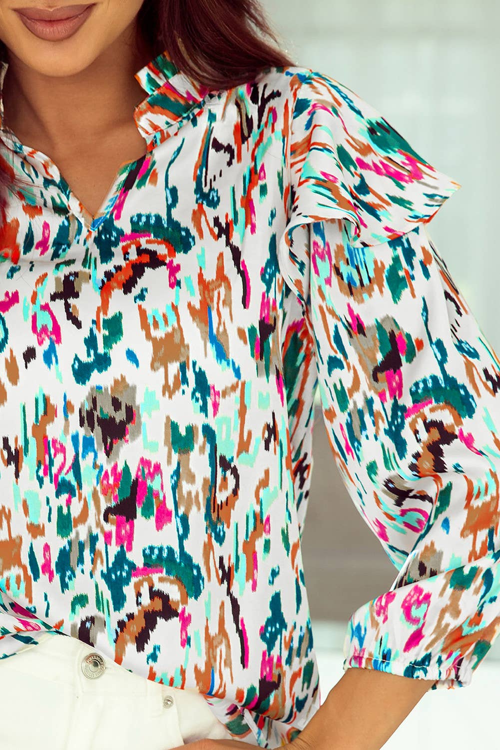 Abstract Ruffle 3/4 Puff Sleeve Blouse: MULTICOLOR