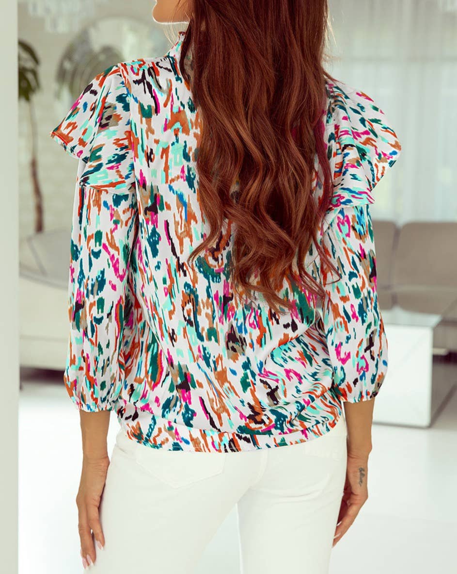 Abstract Ruffle 3/4 Puff Sleeve Blouse: MULTICOLOR