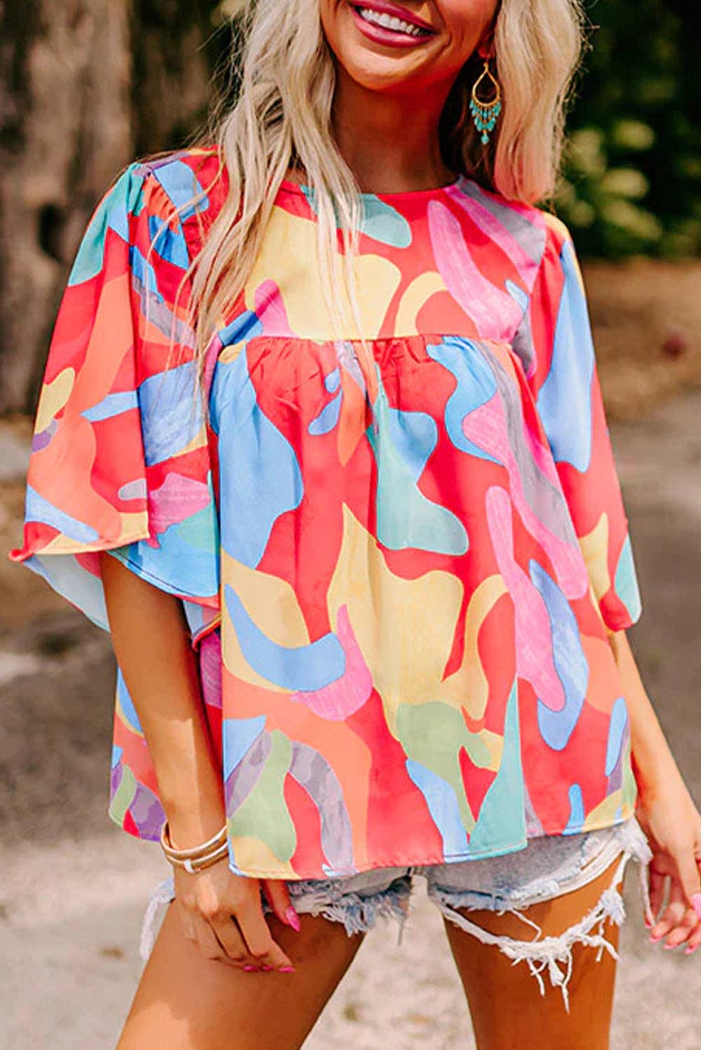 Abstract Wide Sleeve Blouse: Multicolour