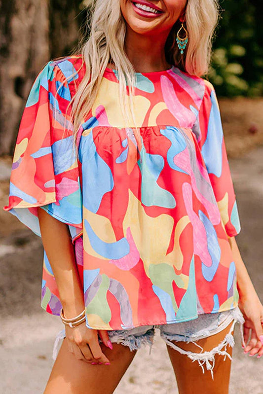 Abstract Wide Sleeve Blouse: Multicolour