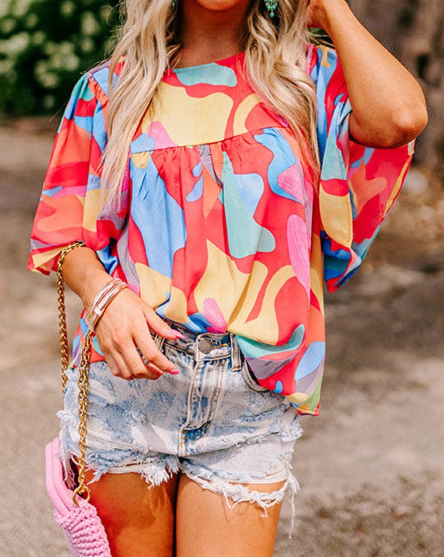 Abstract Wide Sleeve Blouse: Multicolour