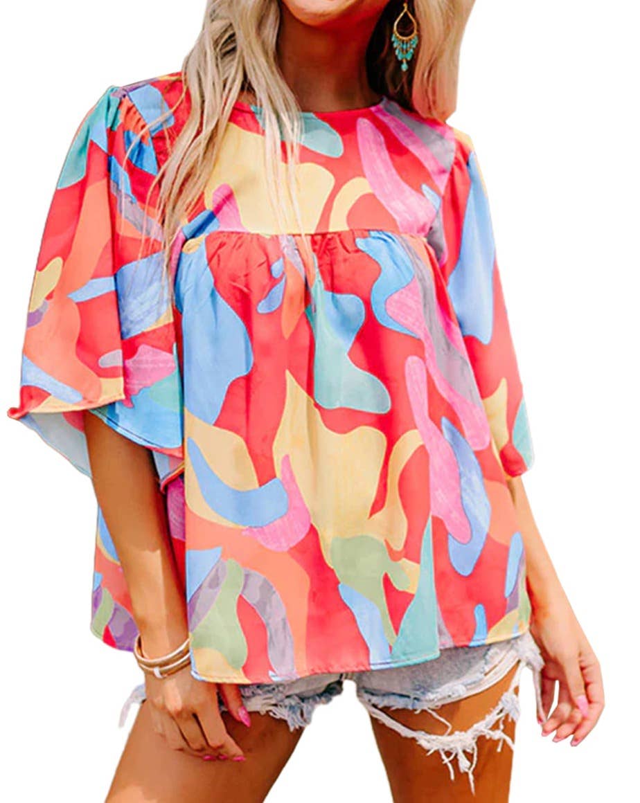 Abstract Wide Sleeve Blouse: Multicolour