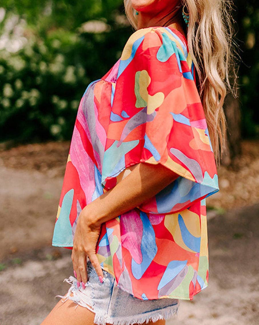 Abstract Wide Sleeve Blouse: Multicolour