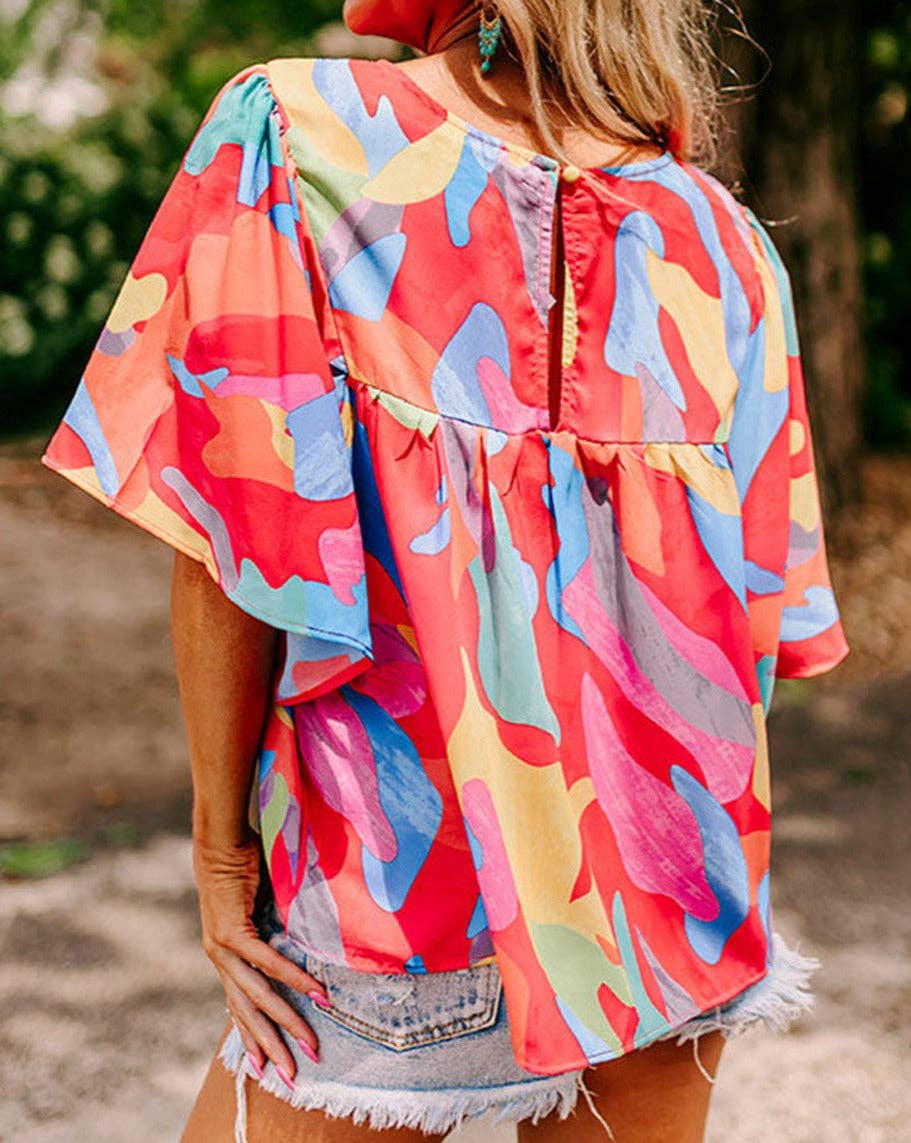 Abstract Wide Sleeve Blouse: Multicolour