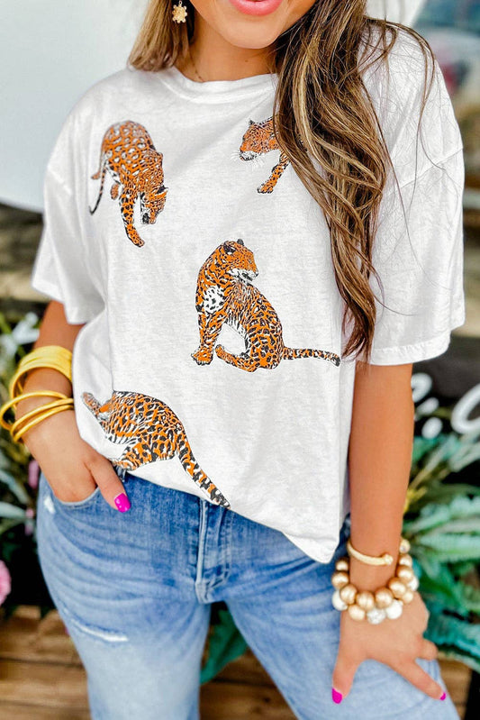 Leopard Drop Shoulder T-Shirt / White